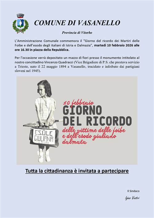 10 Febbraio  "Giorno del ricordo delle vittime delle foibe e dell'esodo giuliano dalmata".